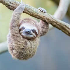 A baby sloth hanging lazily, big eyes shining, soft gray background, copy space above,