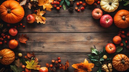 Autumn harvest arrangement with pumpkins, apples, and leaves