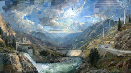 Harnessing Nature: A panoramic view showcasing renewable energy sources harmoniously integrated within a breathtaking mountain landscape.