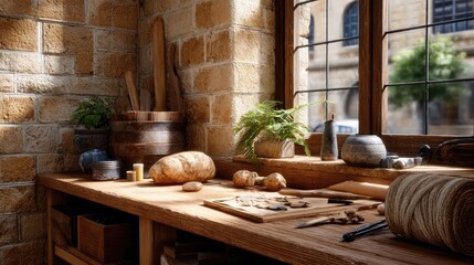 A tranquil workspace showcases various tools, flickering candles, and handcrafted items in a warm, inviting stone environment