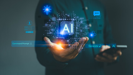Artificial intelligence technology concept with AI chip, digital data, innovation and machine learning interface, symbolizing automation, future technology, big data and smart business solutions.