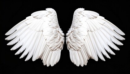Majestic white angel wings spread wide against a stark black background create ethereal feel