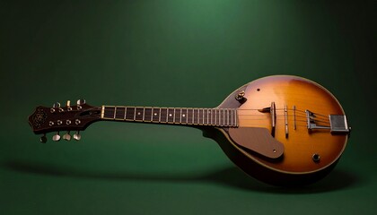 Vintage mandolin with sunburst finish resting against a green background in studio lighting