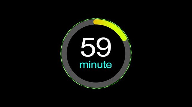 59 minute countdown clock icon, a dynamic circle and 59 minute clock loading icon animation. black background and creating a stunning 4k video.