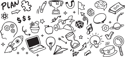 Magic & Fantasy Doodles – Unicorn, Stars, Wand, Crystal, Cupcake, Wings, Lightning, Potion, Crown, Cute Fantasy, Hand Drawn, Black and White, Fun, Magical, Cartoon Icons, Fairytale, Doodle Pack, Creat