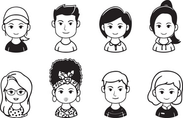 People Doodles – Boy, Girl, Faces, Expressions, Kids, Cartoon Characters, Hair Styles, Portraits, Hand Drawn, Cute, Black and White, Sketch, Doodle People, Fun, Line Art, Minimal, Cartoon Faces, Funny
