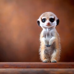 Fototapeta premium A baby meerkat standing tall, paws clasped, warm brown background, copy space below,