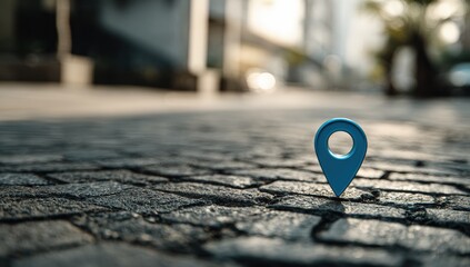 Blue map pin on cobblestone street