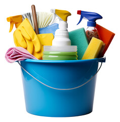 Cleaning Supplies in Blue Bucket on White Background