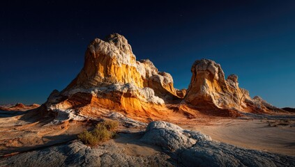 Fototapeta premium Dramatic, colorful rock formations under a starlit sky. Vast, pale yellow and white, layered rock structures rise dramatically, lit by the golden hour. Dry, dusty ground, sparse vegetation