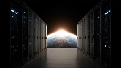 Server room with a view of Earth