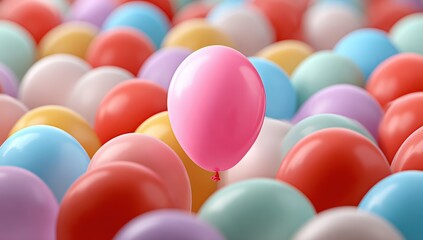 A single pink balloon amidst a cluster of colorful balloons