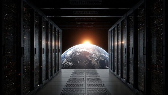 Futuristic server room with Earth view (3) - Powered by Adobe