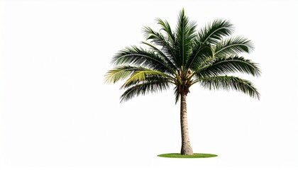 Single upright palm tree with fan-shaped green fronds and textured trunk on a light background
