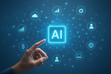 Digital ai hub with connected business icons for analytics finance settings cloud user network computer and globe showcasing intelligent technology integration on dark blue background