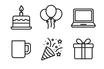 Celebration icons: cake, balloons, laptop, mug, party popper, gift box