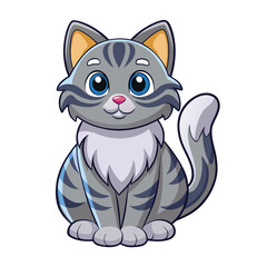 Obraz premium Adorable Striped Cartoon Cat Sitting Upright with Bright Blue Eyes on White Background