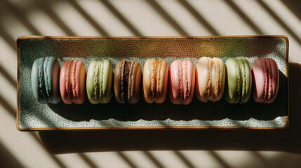 Macarons in pastel colors neatly arranged on ceramic tray, top-down natural light