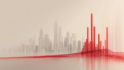 Abstract city skyline with red data visualization