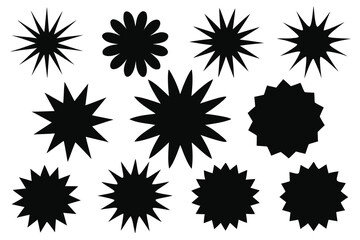 Black Starburst Shapes and Flower on White Background Design Elements Isolated