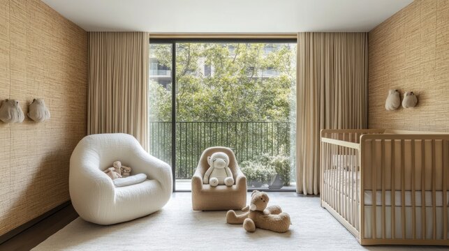Peaceful Modern Nursery Room Interior with Baby Crib, Soft Chairs, and Large Window