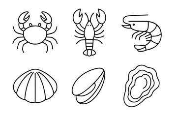 Seafood icon set: crab, lobster, shrimp, shell, clam, oyster illustrations