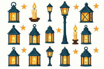 Collection of vintage lanterns and candle illuminations on white background