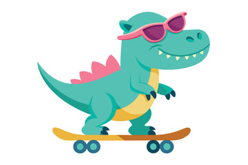 Cartoon Dinosaur with Pink Spikes and Sunglasses Riding a Skateboard on a White Background