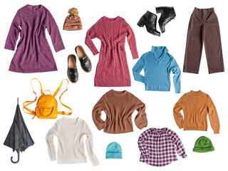 Collection or set of warm casual autumn seasonal clothing items and accessories isolated on white background for cold rainy weather of purple dress, knitted sweater, umbrella, hats, leather boots