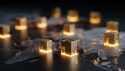 Illuminated golden cubes over a world map