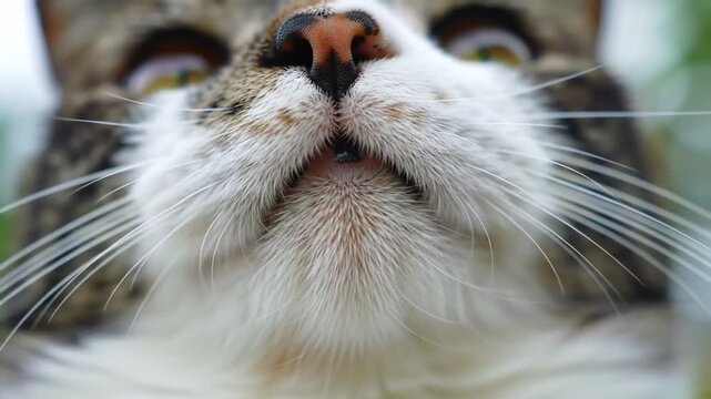 Charming close-up video of a domestic cat's face, highlighting its whiskers and nose area,