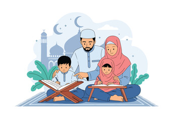 Adobe illustrator artwork vector illustration of a Muslim family reading the Al-Quran together, with parents guiding their children, against a subtle mosque and crescent moon background