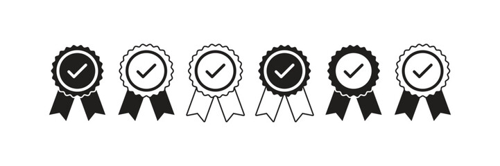 Elegant silhouette vector of certified approval medals with ribbons. Perfect for quality emblems, verification icons, awards, and product guarantees. Simple black and white design for easy use