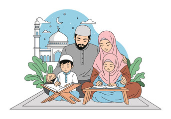 Adobe illustrator artwork vector illustration of a Muslim family reading the Al-Quran together, with parents guiding their children, against a subtle mosque and crescent moon background