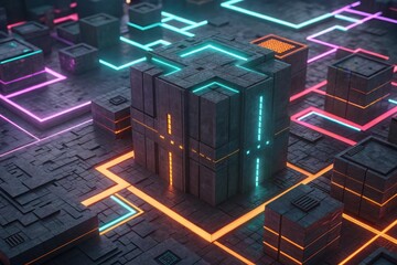 Futuristic abstract geometric cityscape with glowing neon circuit lines architecture background