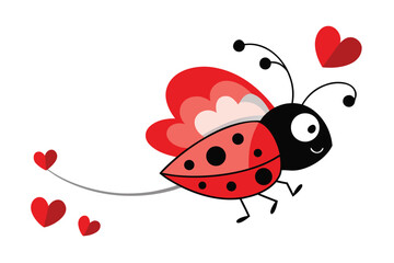Cartoon Ladybug Flying with Heart Shaped Wings and Attached Hearts on White Background