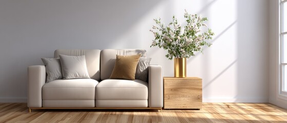 Cozy living room showcases a plush white sofa adorned with soft pillows, accompanied by a fresh bouquet in a glass vase