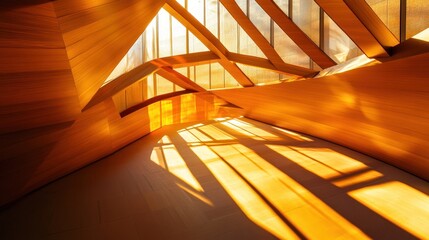 Obraz premium Golden sunbeams through modern wooden architecture