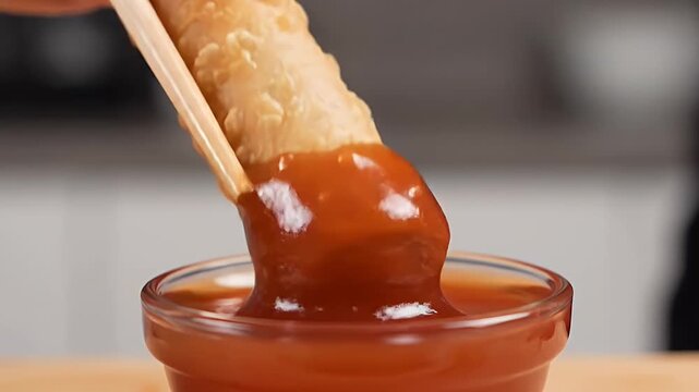 Golden Crispy Egg Roll Dipping into Vibrant Sweet Chili Sauce with Chopsticks, Appetizing Food Moment