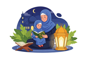 Adobe illustrator artwork vector illustration of a Muslim mother and daughter lovingly reading the Al-Quran, with a mosque and lantern in the background, symbolizing spiritual education