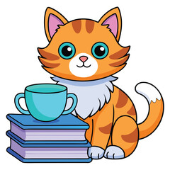 Cartoon Striped Cat with Coffee Cup on Books Stack Illustration