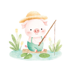 Naklejka premium Adorable Piglet Fishing Watercolor Illustration Cute Farm Animal.