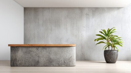A modern reception desk with a light wood top sits against a textured concrete wall, showcasing a minimalist aesthetic.