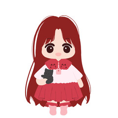 Cute Girl with black cat (Red)