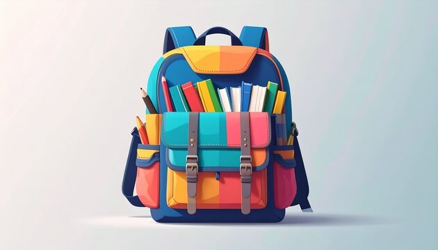 Colorful school backpack filled with books and pencils sits ready for a new school year, symbolizing education and learning with a bright and cheerful vibe.