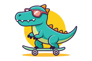 Cartoon Tyrannosaurus Rex Dinosaur Rides a Turquoise Skateboard Wearing Pink Sunglasses on Yellow Background