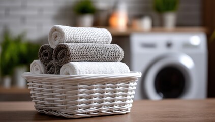 Fototapeta premium Rolled towels in a white basket near a washing machine