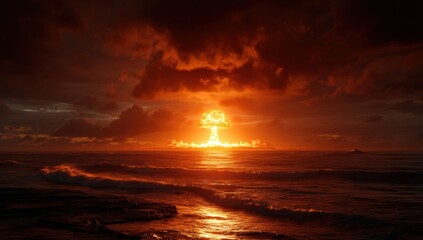 A fiery nuclear explosion over a coastal scene at sunrise