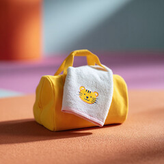 Naklejka premium Playful image of a yellow duffel bag with a tigerembroidered towel. Concept for children, travel, or fitness. Cheerful, bright, and evokes a sense of fun and care.