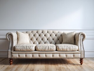 A light beige leather Chesterfield sofa sits gracefully in a classic, elegantly decorated room.
